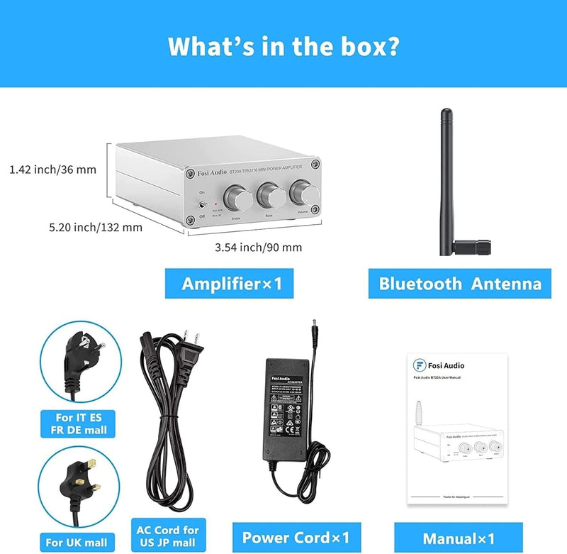 Fosi Audio Bluetooth 5.0 &amp; R/L Amplifier 100W x 2 with Volume, Bass and Treble control, White