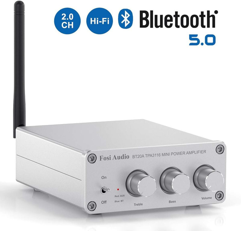 Fosi Audio Bluetooth 5.0 &amp; R/L Amplifier 100W x 2 with Volume, Bass and Treble control, White