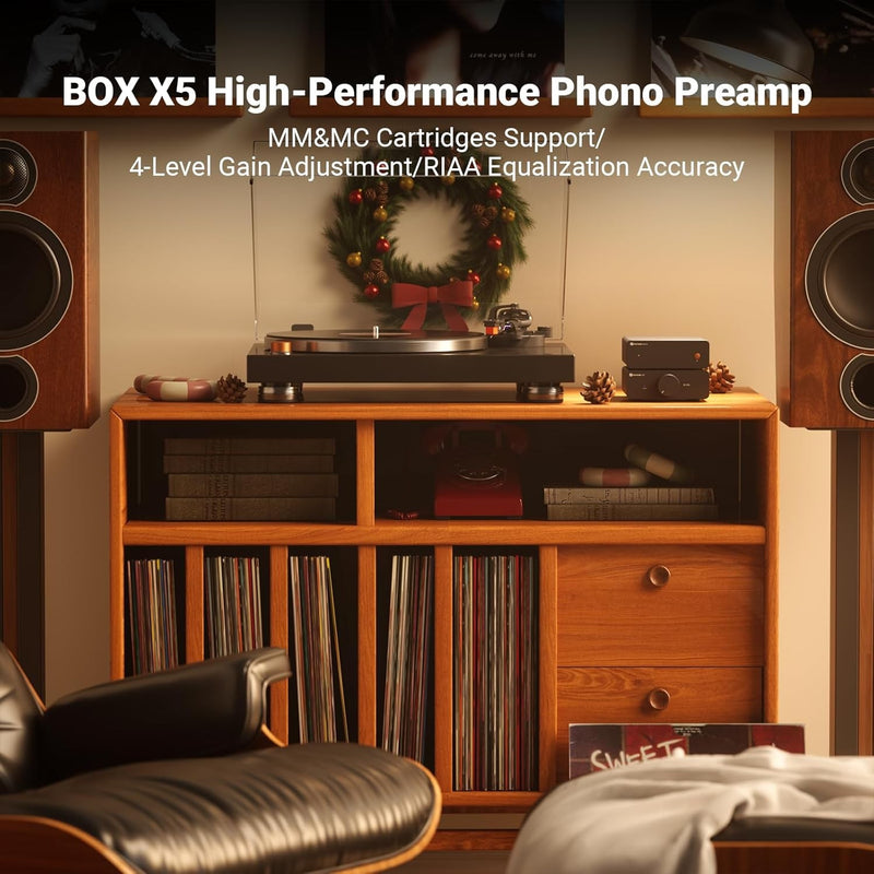 Fosi Audio Box X5 Mini Preamplifier Home Audio for MM & MC Cartridge Turntable Active Speakers, 4-Level Adjustable Gain 38/48/56/66 dB with RCA