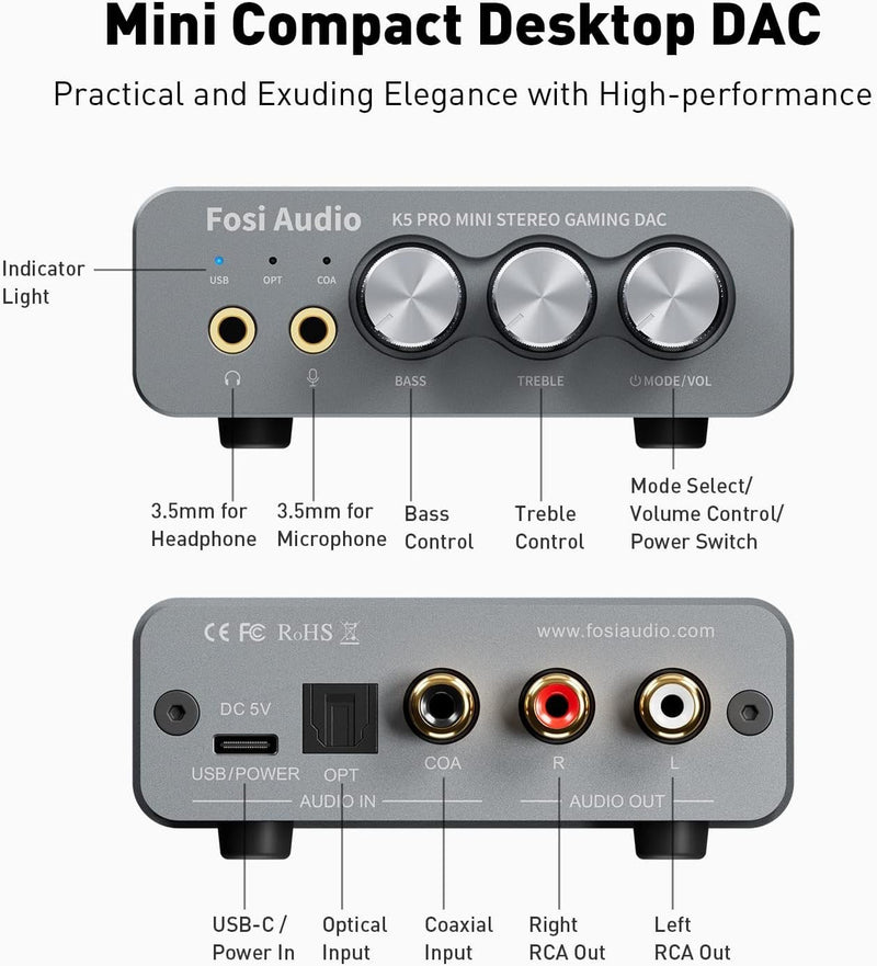 Fosi Audio K5PRO Gaming mini DAC amplifier for PS5/PC/MAC, USB-C/Optical/Coaxial to 3.5mm/RCA