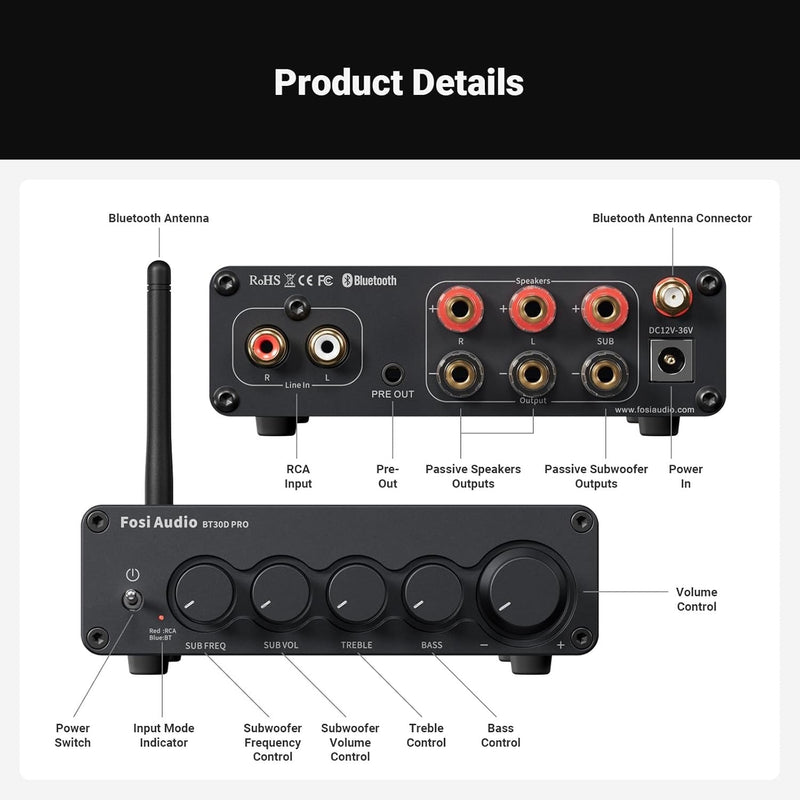 Fosi Audio Hi-Fi Bluetooth 5.0 Stereo Audio Receiver Förstärkare 2.1 Channel Mini Class D Integrated Amp 2X165W