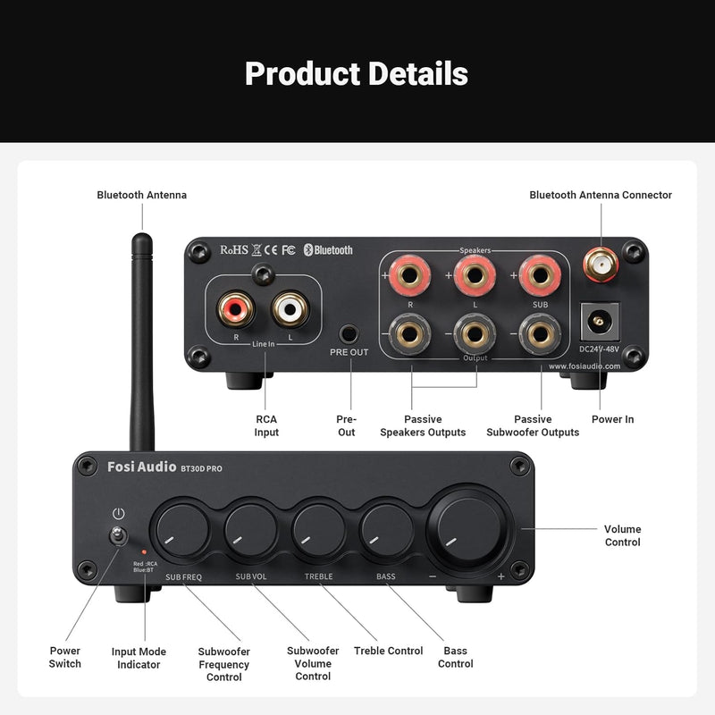 Fosi Audio Hi-Fi Bluetooth 5.0 Stereo Audio Receiver Amplifier 2.1 Channel Class D Integrated Amp 2X165W