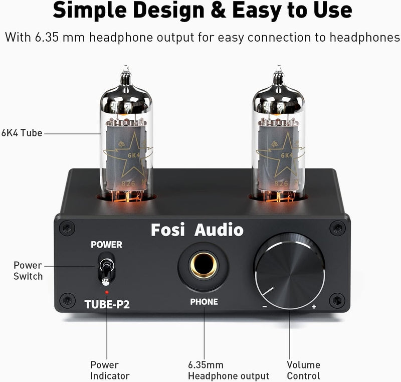 Fosi Audio P2 Headphone Amplifier Vacuum Tube Headphone Amplifier Mini Hi-Fi Stereo Sound