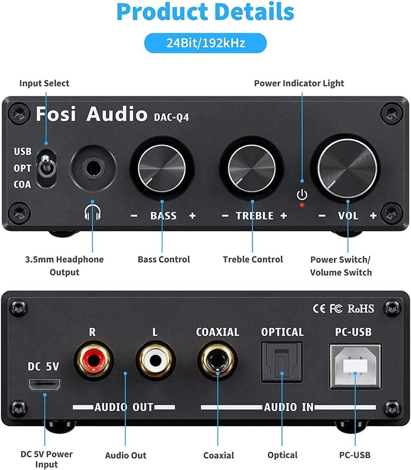 Fosi Audio Mini DAC &amp; Headphone Amplifier, 24 bit/192 kHz USB/Optical/Coaxial to RCA/AUX