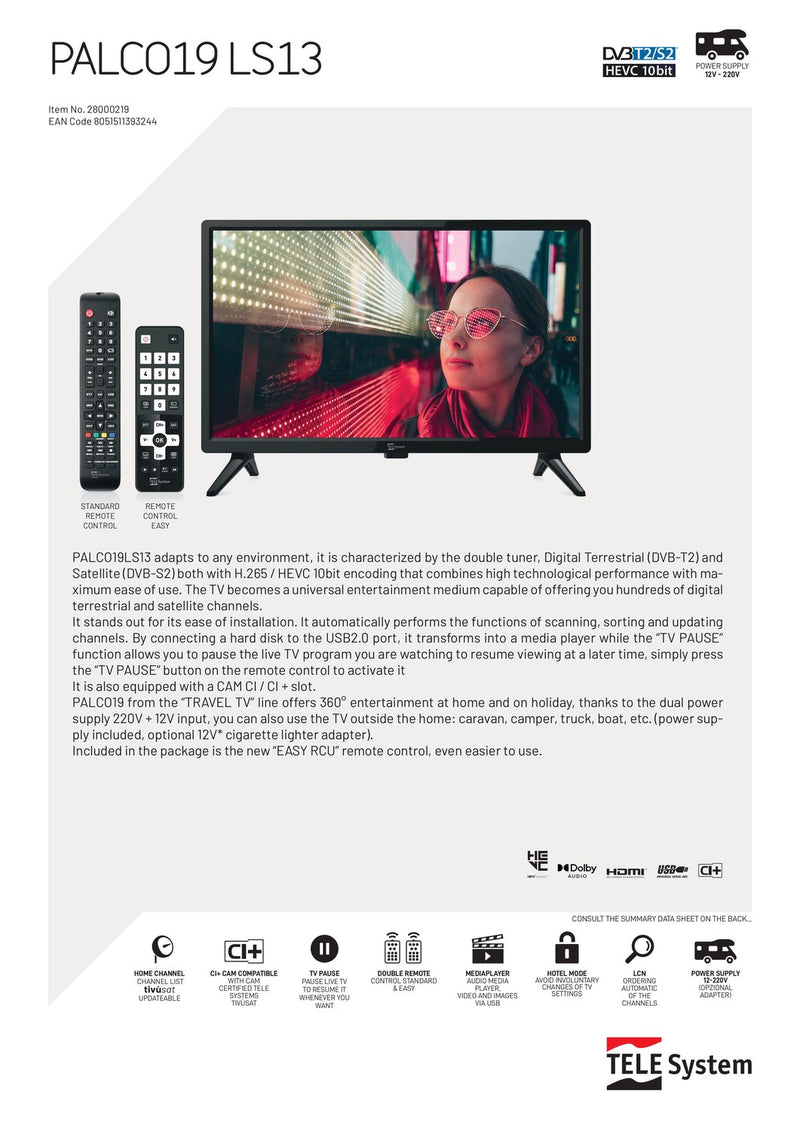 Full HD TV 19 inch 12V DC 100-240V for boat, caravan, motorhome DVB-T2 DVB-S2 VESA 100x100 PALCO 19LS13