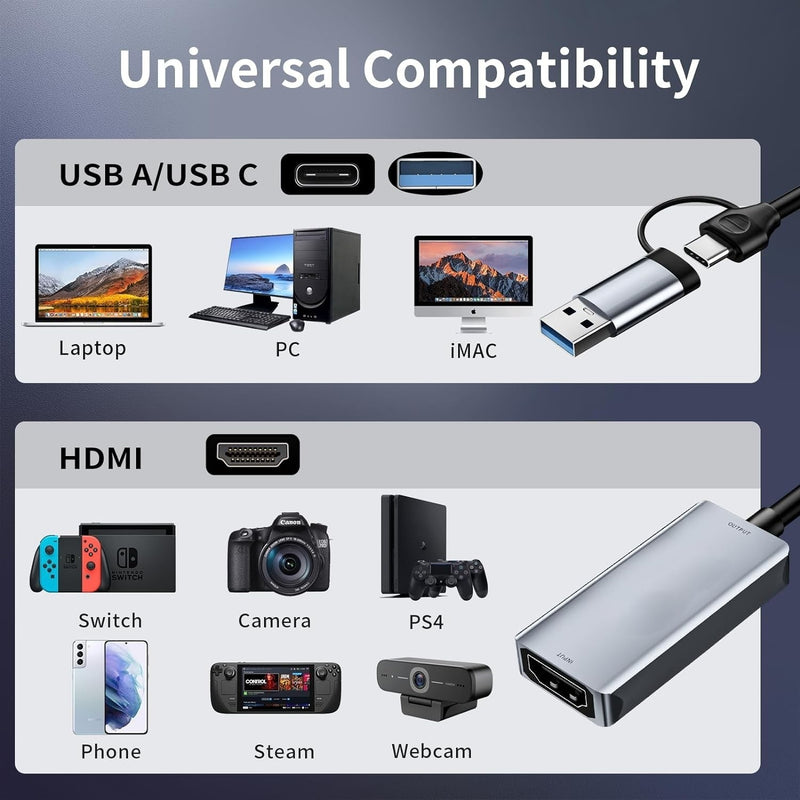 HDMI to USB adapter for video recording 4K 30Hz USB-A and USB-C