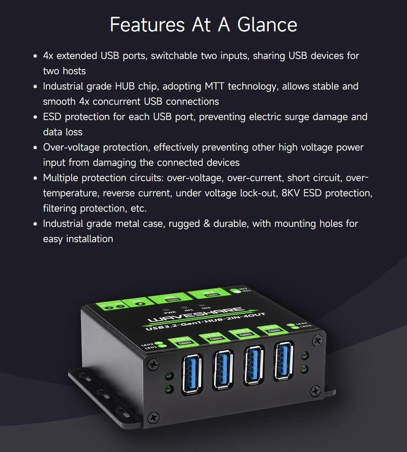 Industrial USB HUB for 2 computers to 4 USB 3.2 ports, switchable, mountable, compatible with Windows Linux Mac