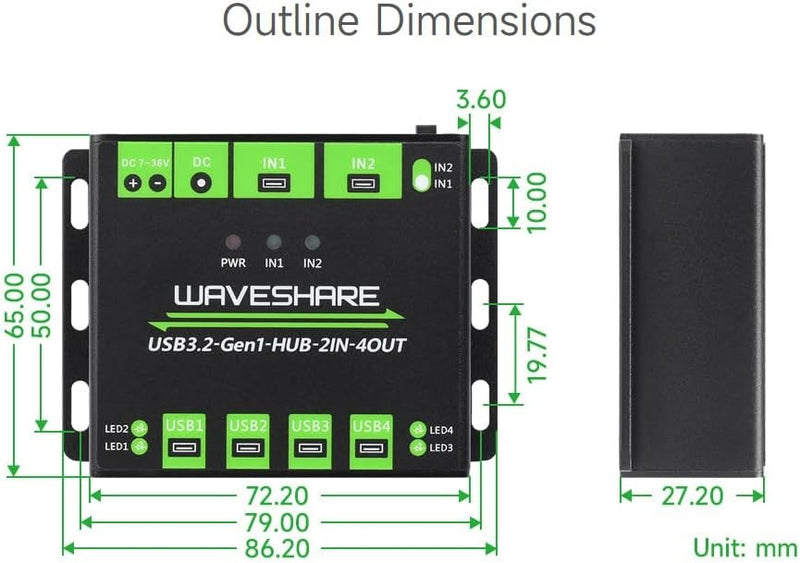 Industrial USB HUB for 2 computers to 4 USB 3.2 ports, switchable, mountable, compatible with Windows Linux Mac
