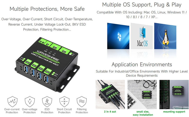 Industrial USB HUB for 2 computers to 4 USB 3.2 ports, switchable, mountable, compatible with Windows Linux Mac