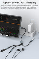 NÖRDIC USB-C Splitter 1 to 3, 1xUSB-C 1xUSB-C PD60W 1x3.5mm Headphone Jack OTG Cable