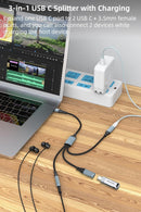 NÖRDIC USB-C Splitter 1 to 3, 1xUSB-C 1xUSB-C PD60W 1x3.5mm Headphone Jack OTG Cable