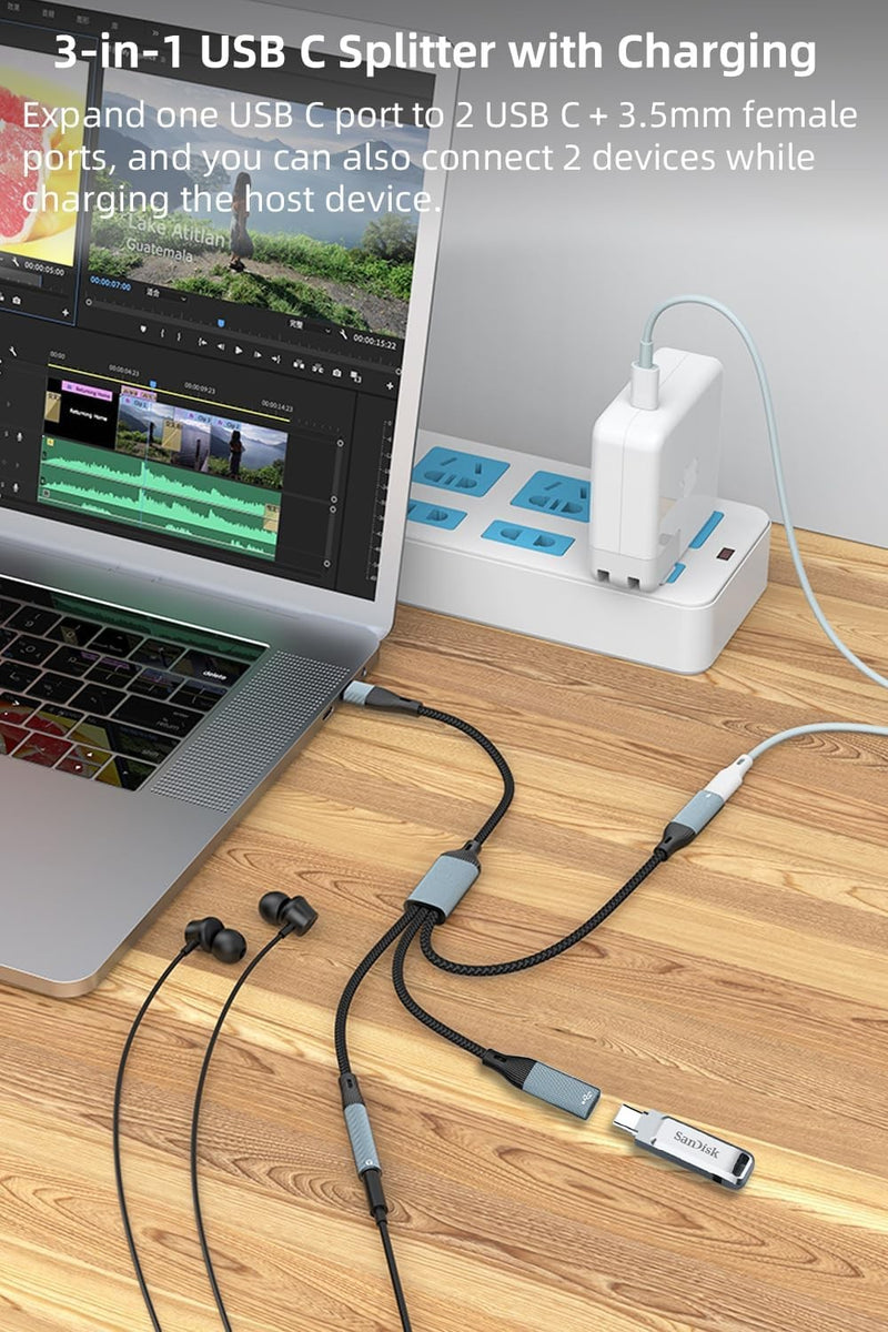 NÖRDIC USB-C Splitter 1 to 3, 1xUSB-C 1xUSB-C PD60W 1x3.5mm Headphone Jack OTG Cable