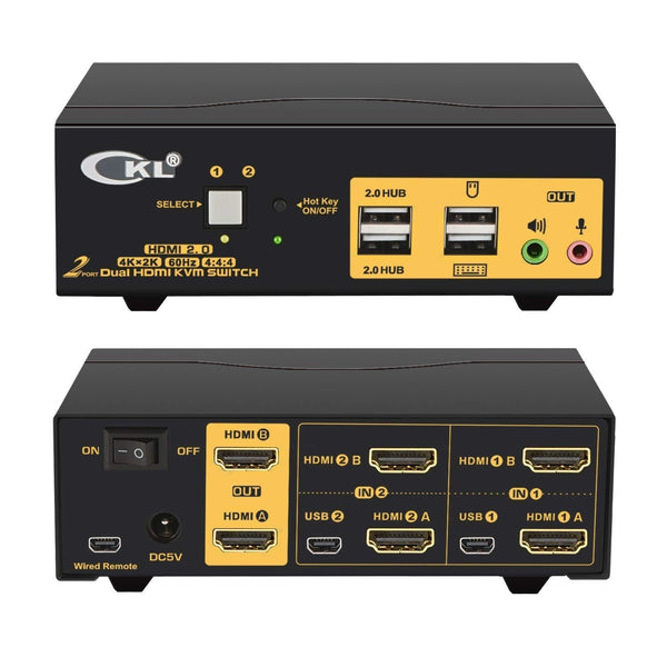KVM 2x2 HDMI Switch Dual Monitor HDMI2.0 4K60Hz 4:4:4 with 1x3.5mm and 4xUSB-A