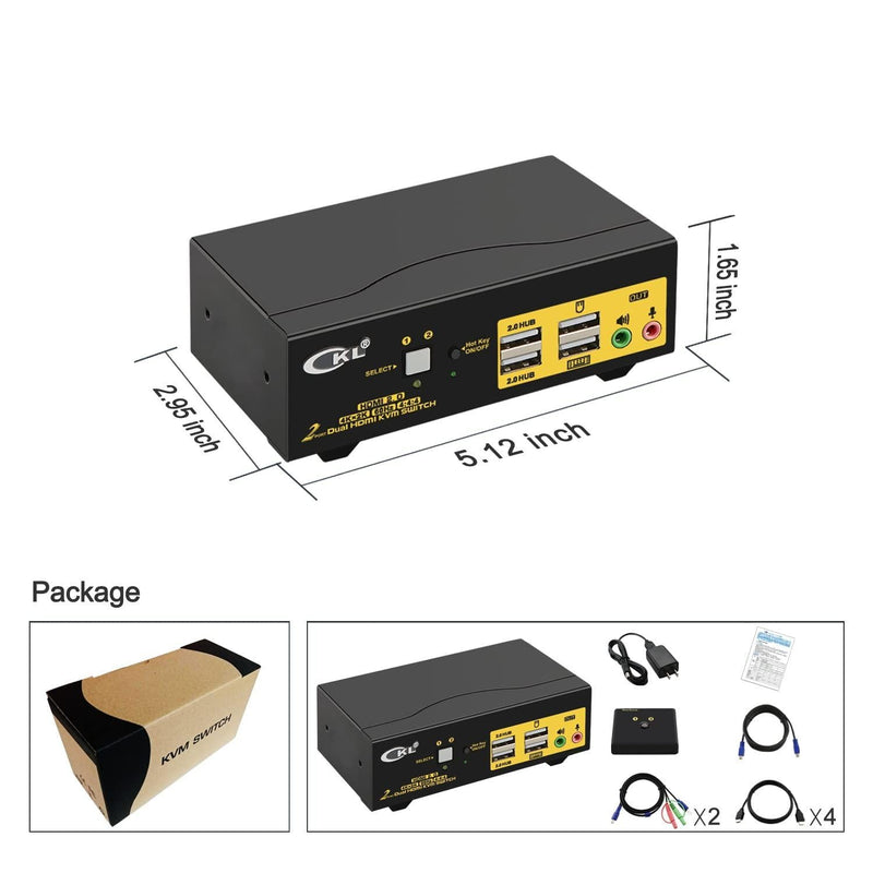 KVM 2x2 HDMI Switch Dual Monitor HDMI2.0 4K60Hz 4:4:4 with 1x3.5mm and 4xUSB-A