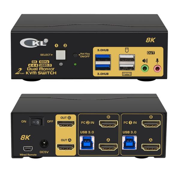 KVM 2x2 HDMI Switch Dual Monitor HDMI2.1 8K60Hz 4K144Hz 4:4:4 with 2x3.5mm and 4xUSB-A