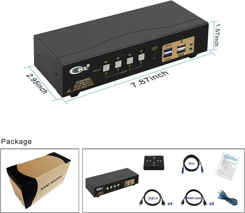 KVM 4x2 HDMI Switch Dual Monitor HDMI2.0 4K60Hz 4:4:4 with 1x3.5mm and 4xUSB-A