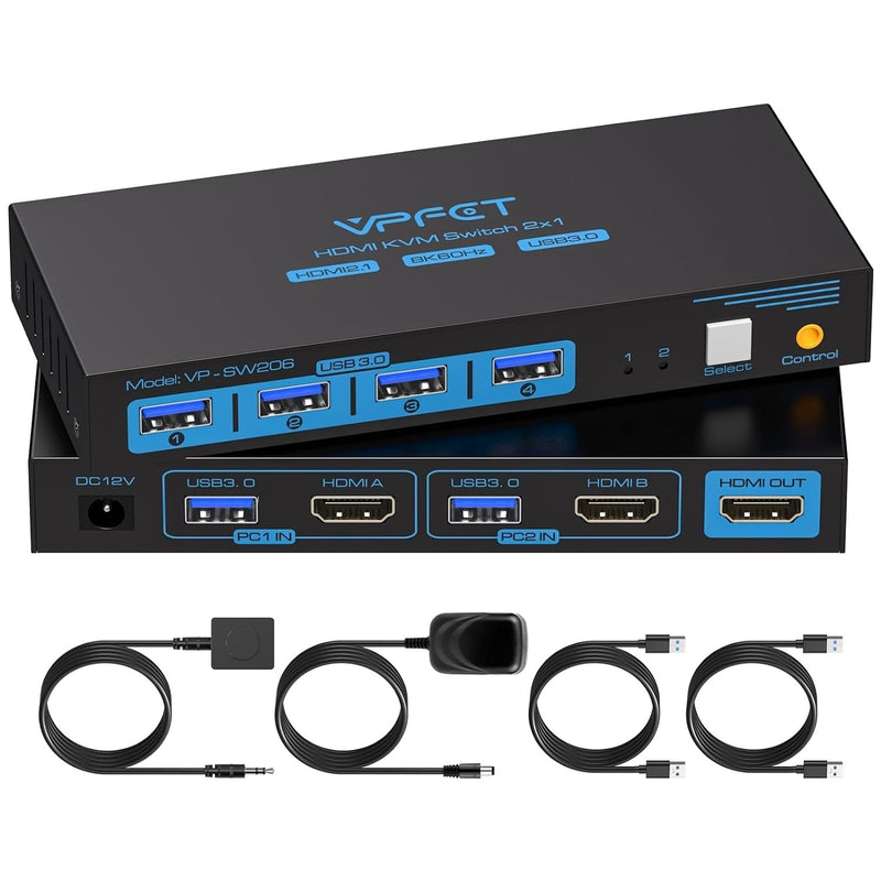 NÖRDIC KVM switch 2 to 1 HDMI to HDMI, 8K60Hz/4K120Hz, 4x USB-A