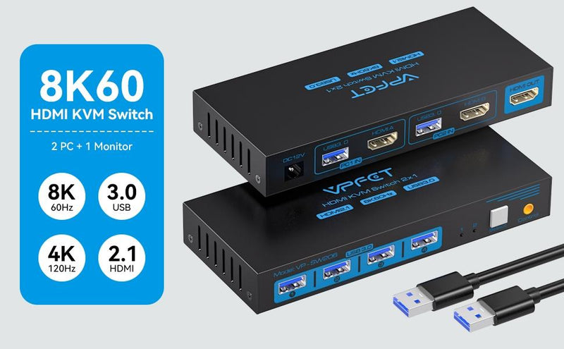 NÖRDIC KVM switch 2 to 1 HDMI to HDMI, 8K60Hz/4K120Hz, 4x USB-A