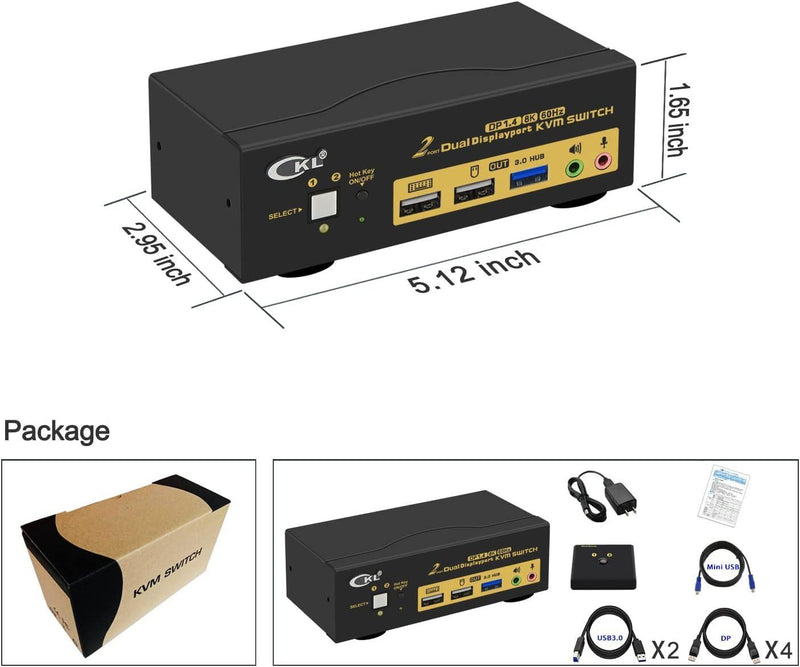 KVM switch 2 to 2 DisplayPort to DisplayPort, 8K30Hz 4K144Hz, 3x USB-A, 2x 3.5mm AUX