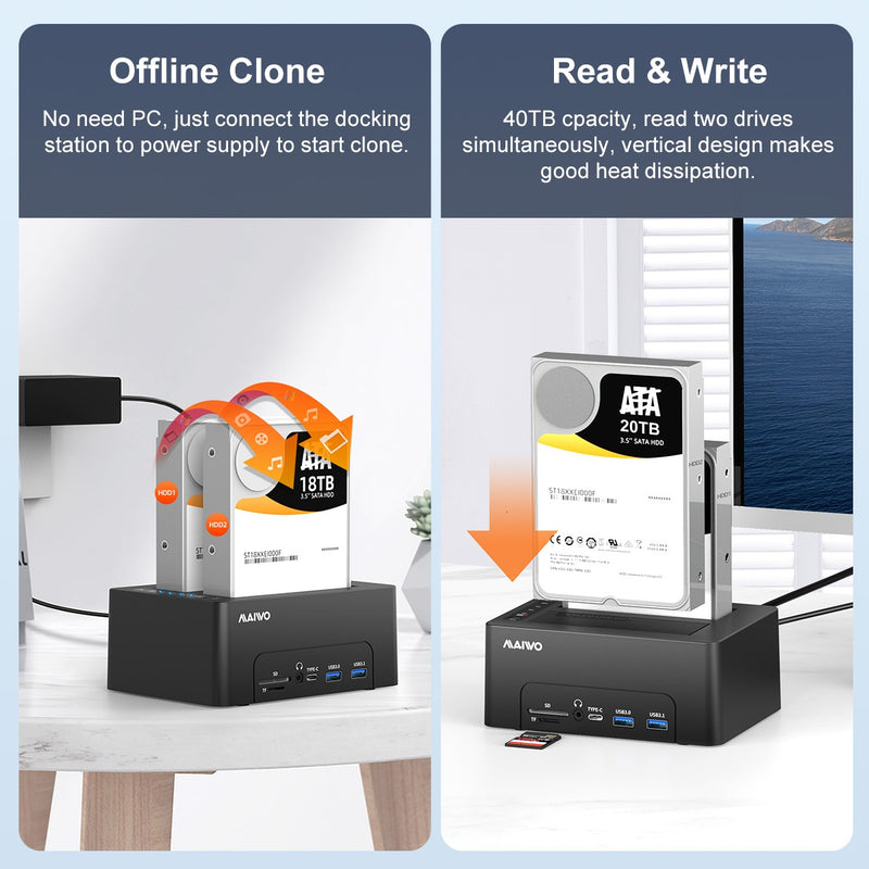 Maiwo HDD Dual docking station with clone 10Gbps HDMI 4K60Hz Giga Lan Card Reader SD and MicroSD USB HUB 2xUSB-A and 2xUSB-C
