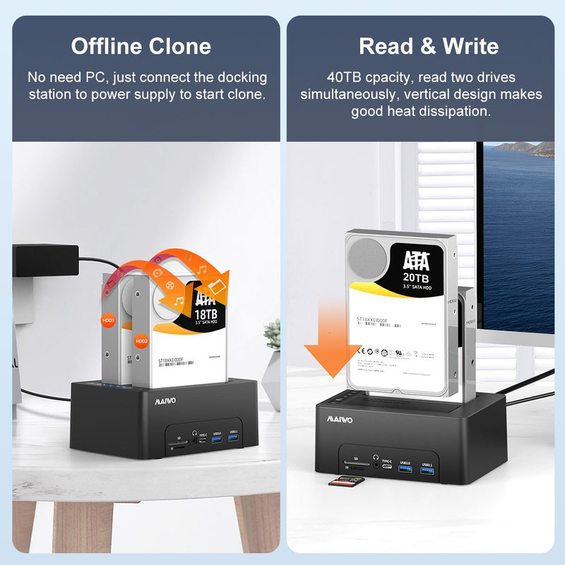 Maiwo HDD Double Docking Station with Clone 10Gbps HDMI 4K60Hz Giga Lan Card Reader SD and MicroSD USB HUB 2xUSB-A and 2xUSB-C