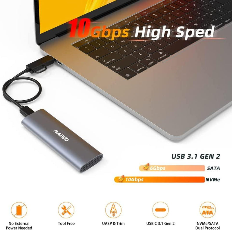 Maiwo K1689 M.2 SATA & NVMe SSD combo for USB3.2 Gen2 10Gbps external case screwless design aluminum