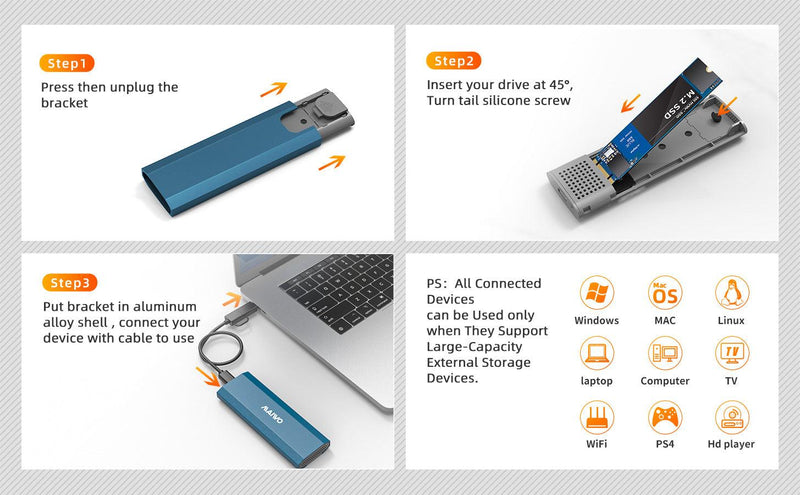 Maiwo K1690 M.2 SATA & NVMe SSD combo for USB3.2 Gen2 10Gbps external case screwless design aluminum