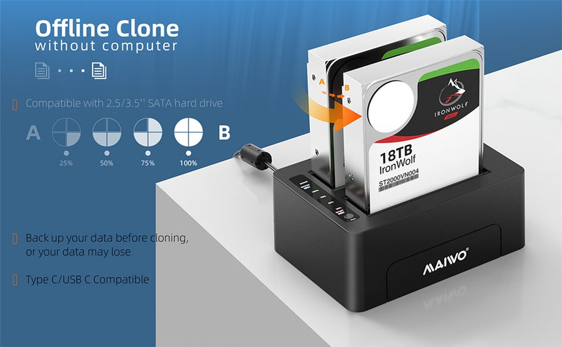 Maiwo K3082C C USB 3.1 GEN2 10Gbps Docking 2x 2.5 3.5 SATA HDD SSD up to 20TB with support for UASP, support SATAIII 6Gbps