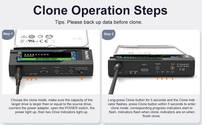 Maiwo Offline Hard Drive Cloning NVMe M.2 SSD to 2.5" and 3.5" SATA HDD USB-C 3.2 10Gbps
