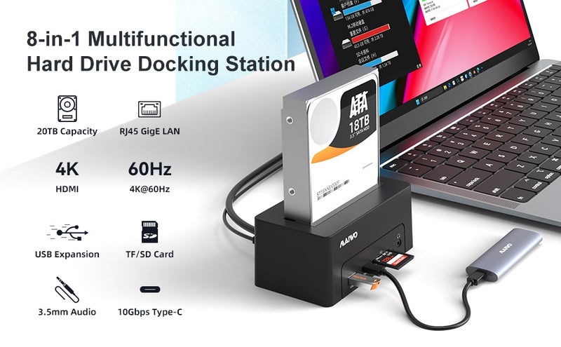 Maiwo USB-C Docking station 2.5"/3.5" 2x SATA HDD SSD & SD/TF memory card, HDMI2.0 4K60Hz RJ45 GigaLan USB-A & USB-C 10Gbps