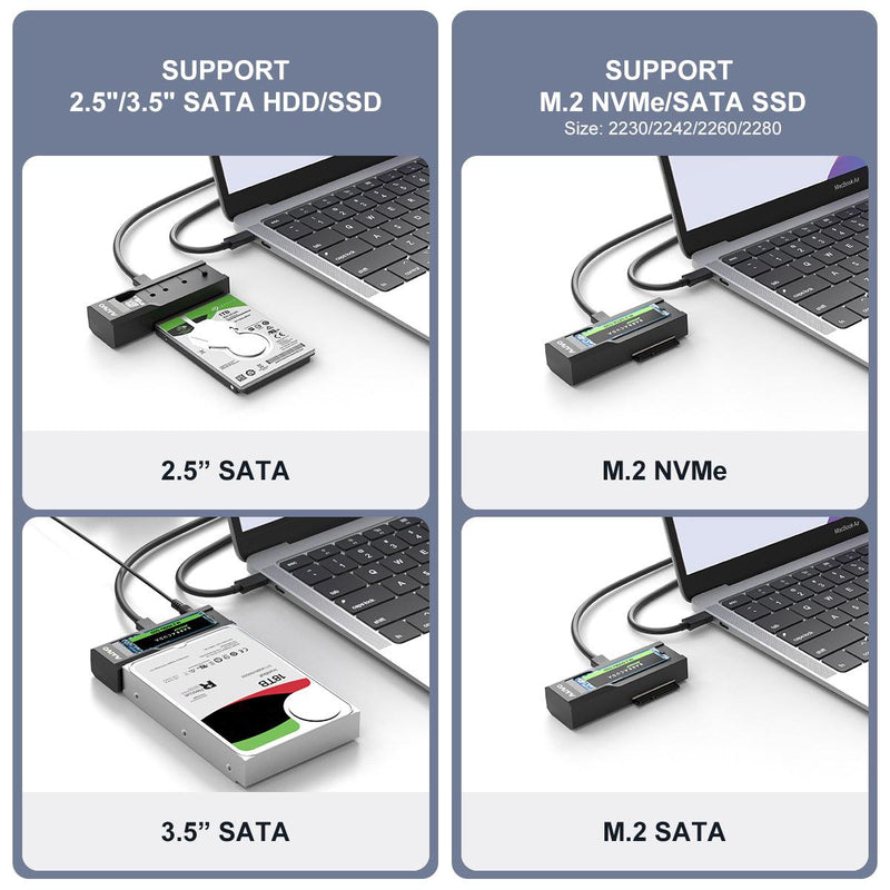Maiwo USB-C adapter for NVMe/SATA M.2 SSD and 2.5"/3.5" SATA HDD USB-C 3.2 10Gbps