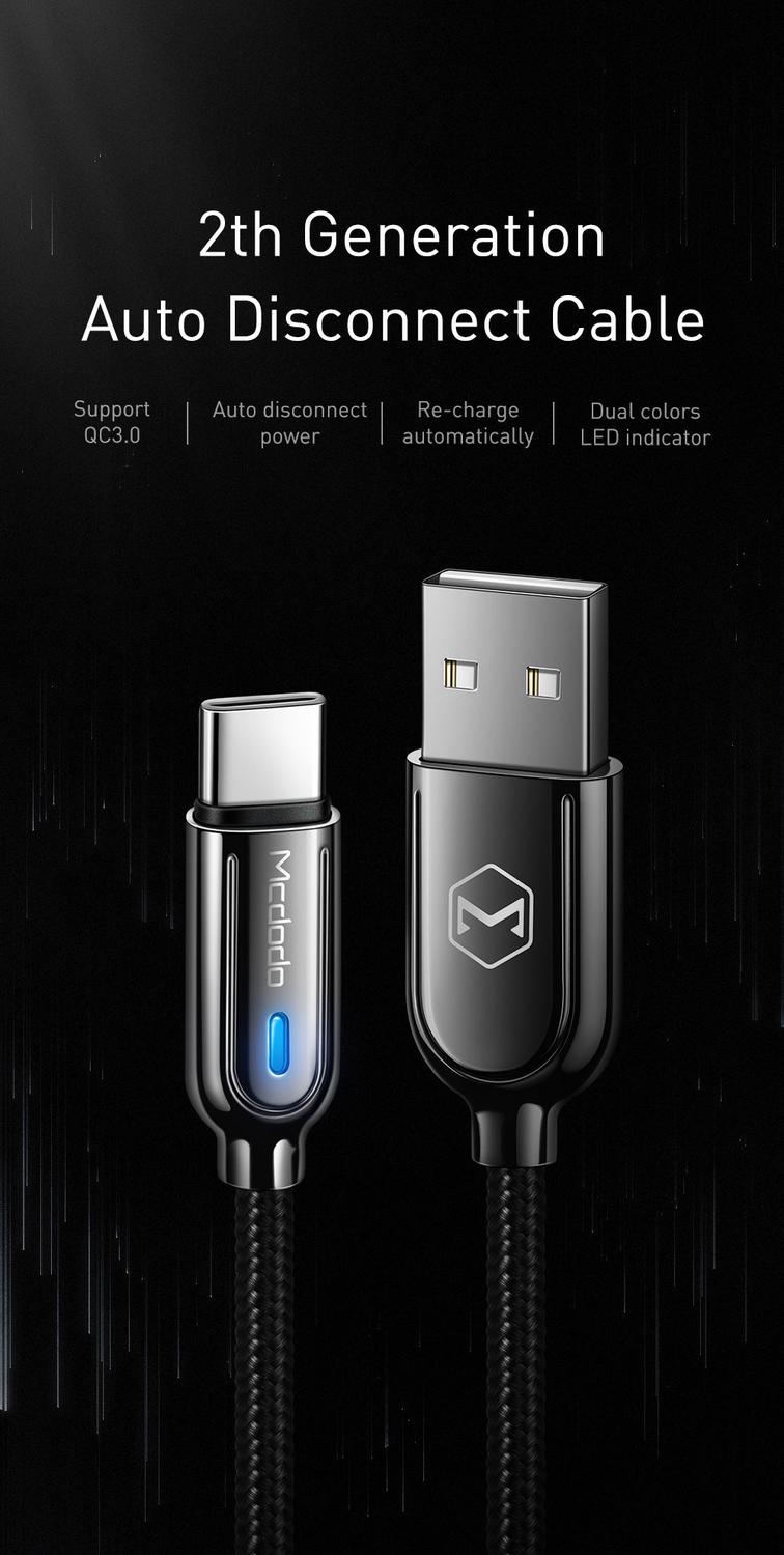 Mcdodo CA-6190 USB C to USB A cable for syncing and fast charging, LED indicator, charging stops automatically when charging is complete, black, 1m