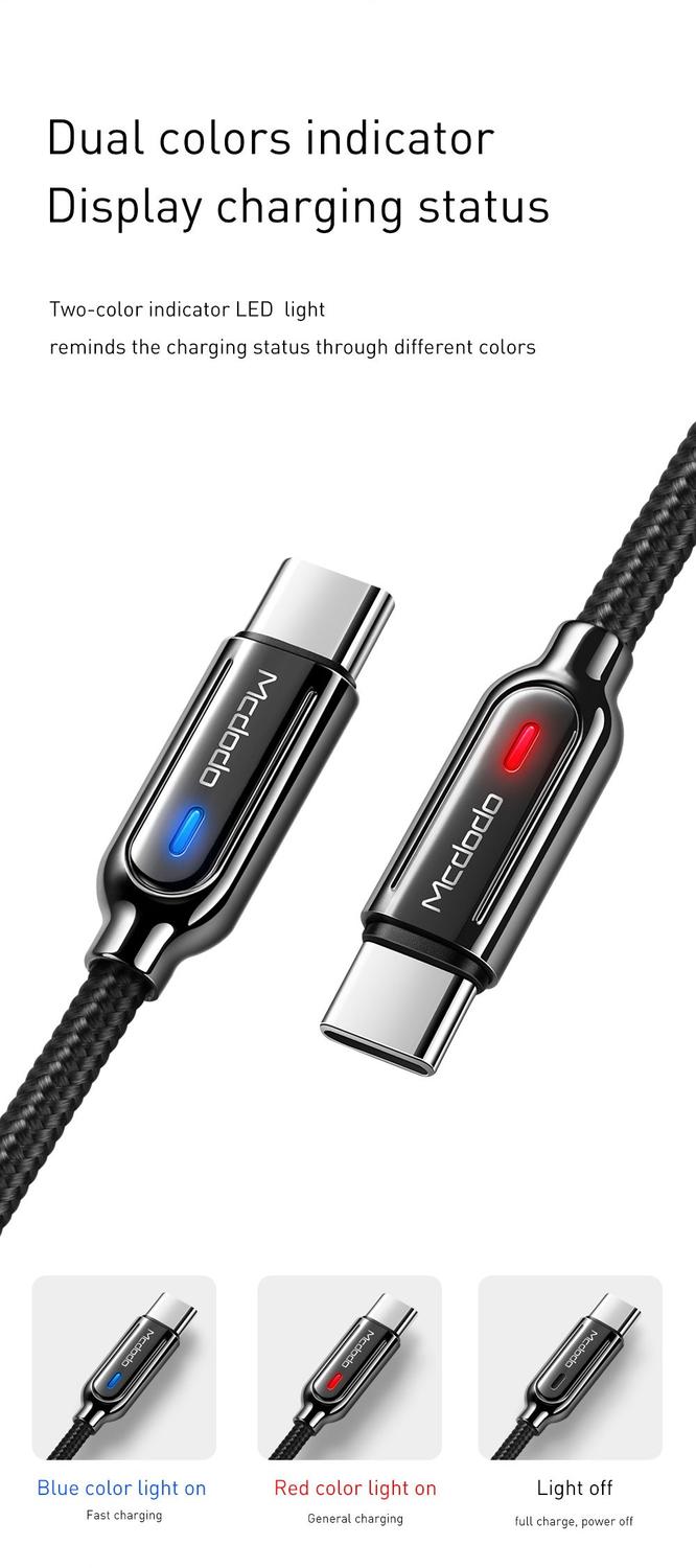 Mcdodo CA-6190 USB C to USB A cable for syncing and fast charging, LED indicator, charging stops automatically when charging is complete, black, 1m