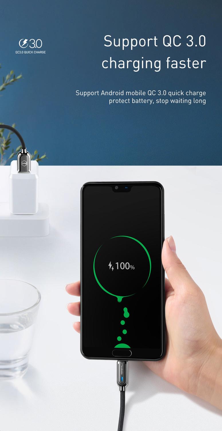Mcdodo CA-6190 USB C to USB A cable for syncing and fast charging, LED indicator, charging stops automatically when charging is complete, black, 1m