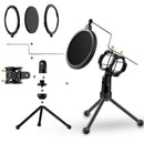 Microphone stands desktop with pop filter and tripod