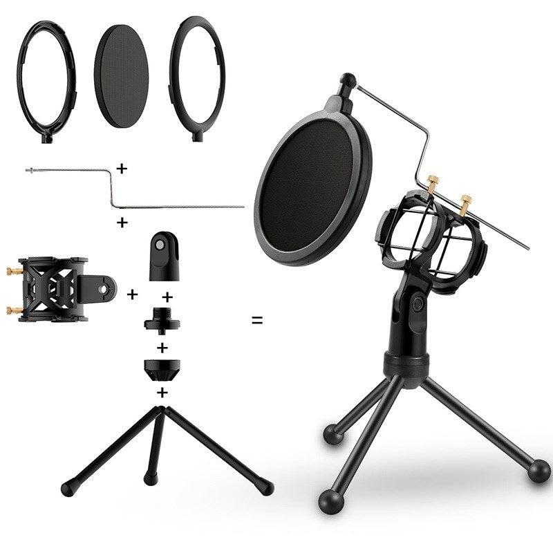 Microphone stands desktop with pop filter and tripod