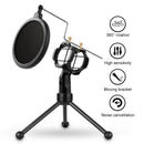 Microphone stands desktop with pop filter and tripod