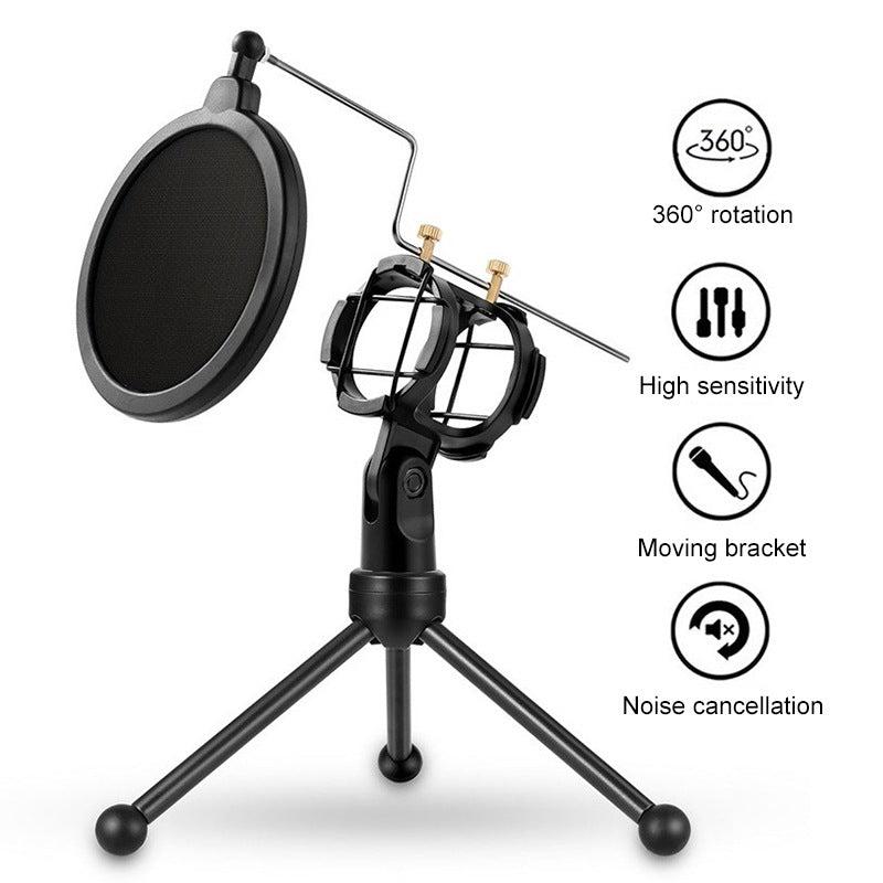 Microphone stands desktop with pop filter and tripod