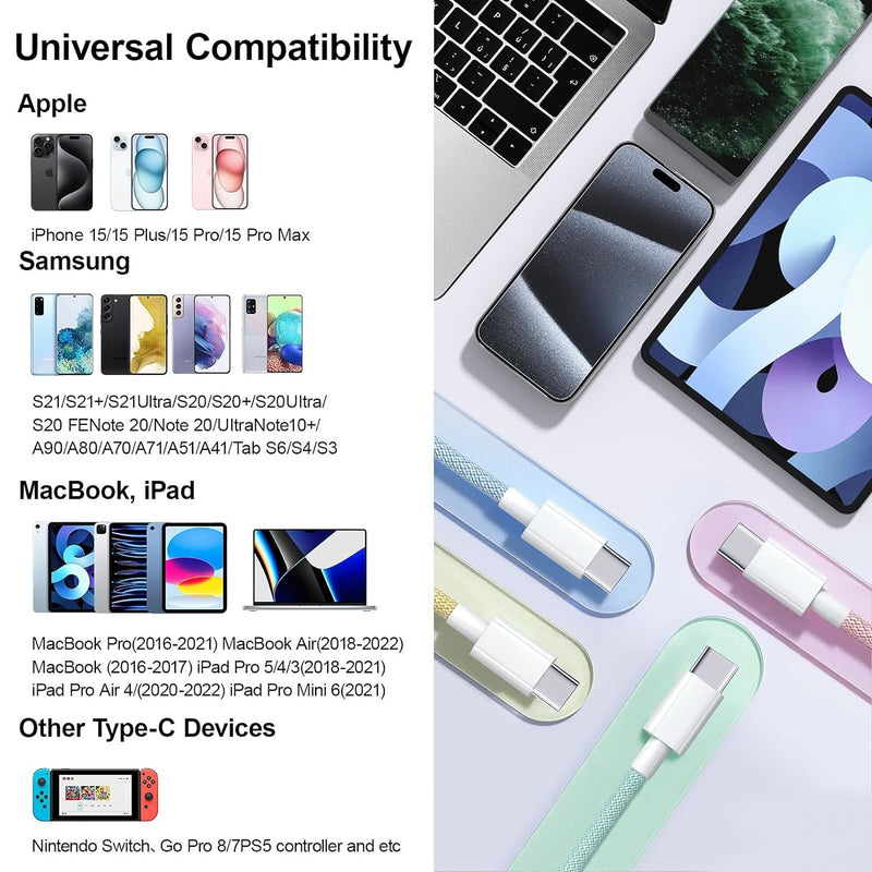 NÖRDIC 1m USB 2.0 USB-C to C cable for iPhone 15/15 Pro/15 Plus/15 Pro Max 3A 480Mbps 60W white