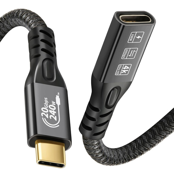 NÖRDIC 1m USB3.2 Gen2 20Gbps USB-C to C nylon braided extension cable with Power Delivery 240W 4K60Hz