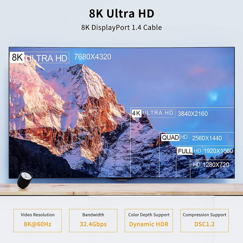 NÖRDIC 1m angled Displayport to Displayport cable ver 1.4 UHD 8K in 60Hz 32.4Gbps 10-bit HDR double shielded