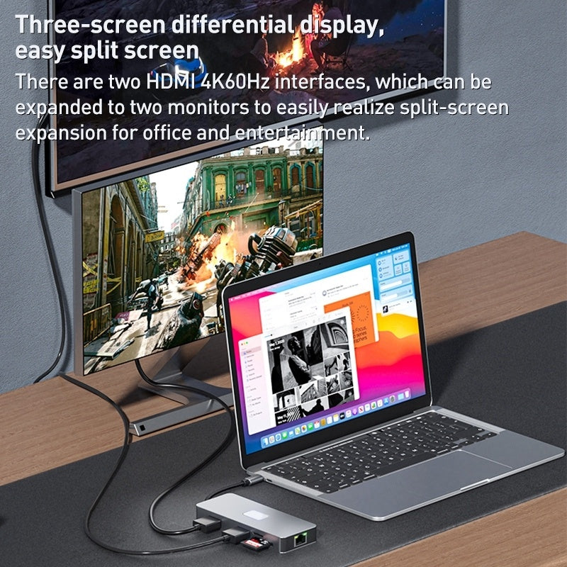 NÖRDIC 1 to 10 USB-C docking station 2xHDMI 4K60Hz 3xUSB3.0, 1xUSB-C, 1xRJ45 GigaLan, 1xPD100W, 1xSD & 1xMicroSD