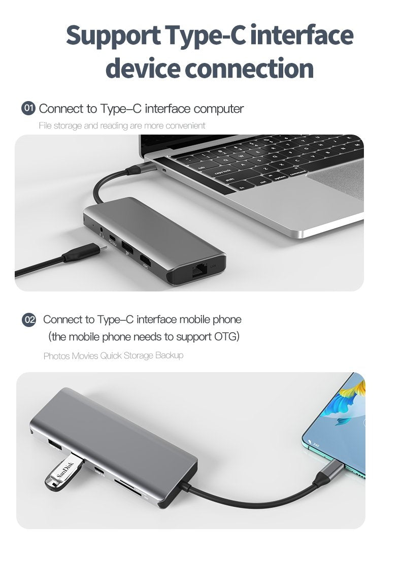 NÖRDIC 1 to 10 USB-C docking station 1xHDMI 8K30Hz 1xDP8K 30Hz 2xUSB3.0, 1xUSB-C, 1xRJ45 GigaLan, 1xPD 87W, 1xSD &amp; 1xMicroSD 1xAux stereo