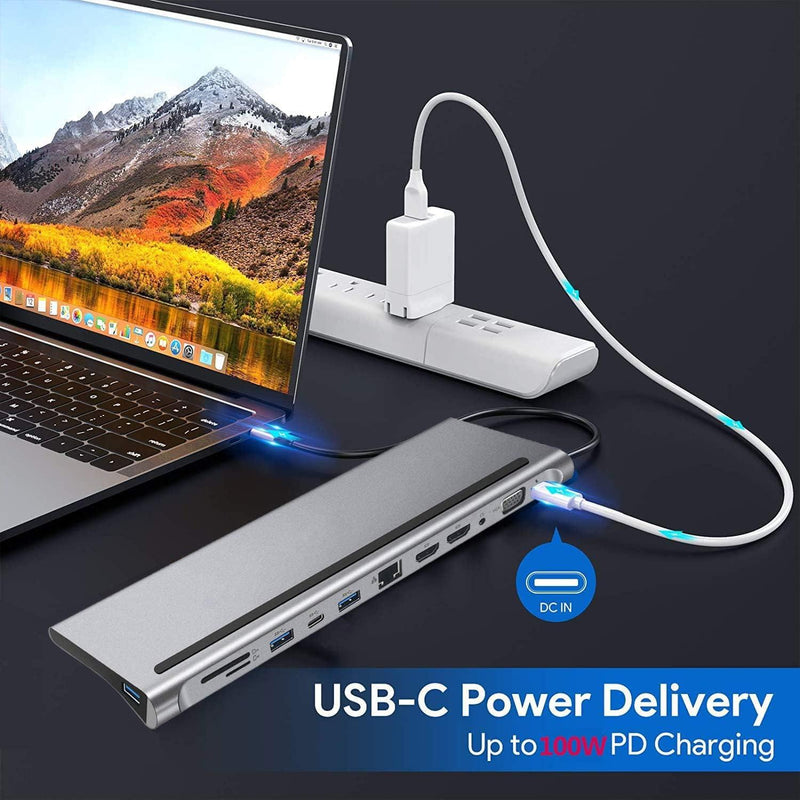 NÖRDIC 1 to 12 USB-C docking station for triple monitors 2xHDMI 4K30Hz, 1xVGA, USB-C PD 100W, Thunderbolt 3 & 4