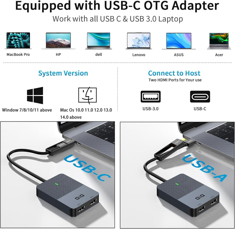 NÖRDIC DisplayLink 1 to 4 Docking Station 2xHDMI 2K@60Hz USB-A & USB-C Compatible with USB 4, Windows and Mac1