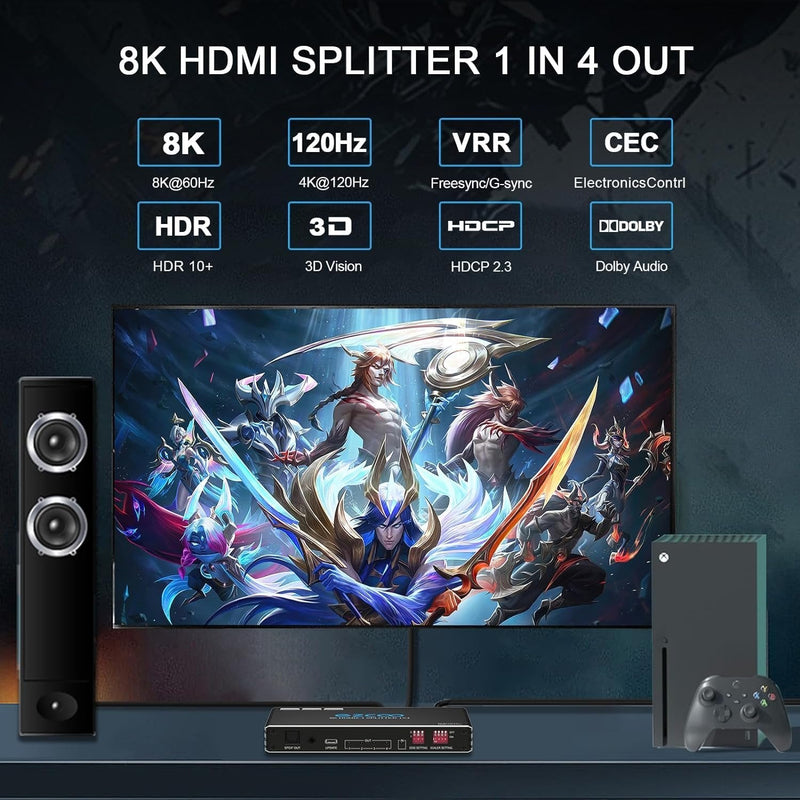 NÖRDIC 1 to 4 HDMI 2.1 Splitter 8K 60Hz 4K120Hz VRR Free-/G-Sync CEC, S/PDIF Extractor