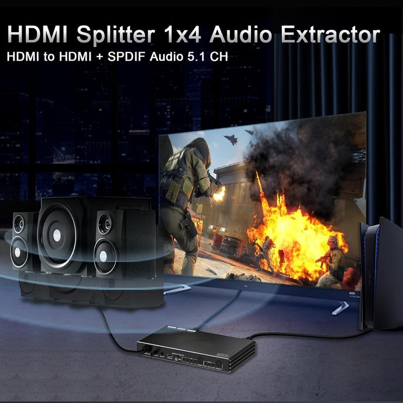 NÖRDIC 1 to 4 HDMI 2.1 Splitter 8K 60Hz 4K120Hz VRR Free-/G-Sync CEC, S/PDIF Extractor