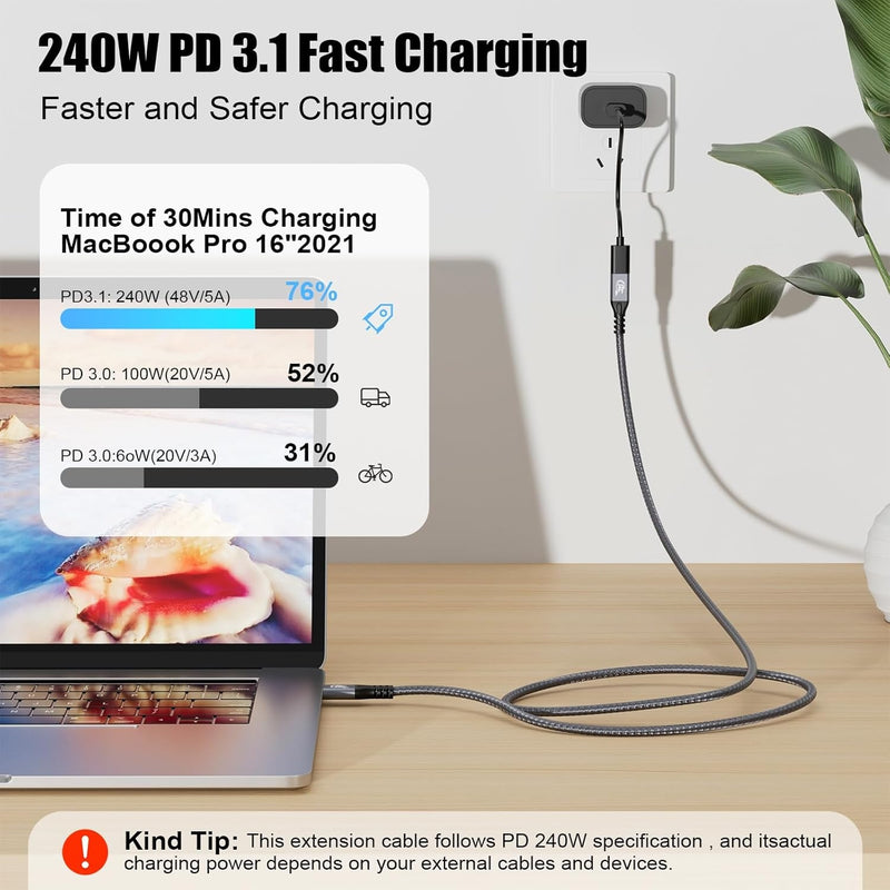 NÖRDIC 25cm USB3.2 Gen2 20Gbps USB-C to C nylon braided extension cable with Power Delivery 240W 4K60Hz