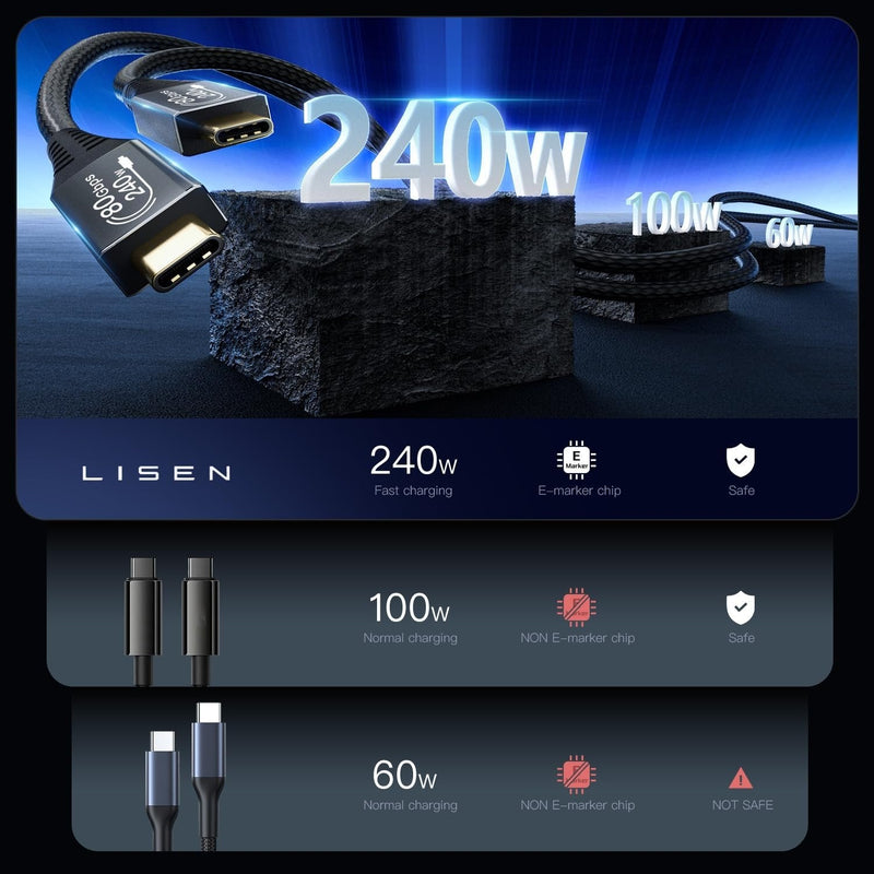 NÖRDIC 2m Thunderbolt 5 cable 80Gbps data transfer 240W Charging 120Gbps bandwidth 16K60Hz 8K60Hz 4K540Hz