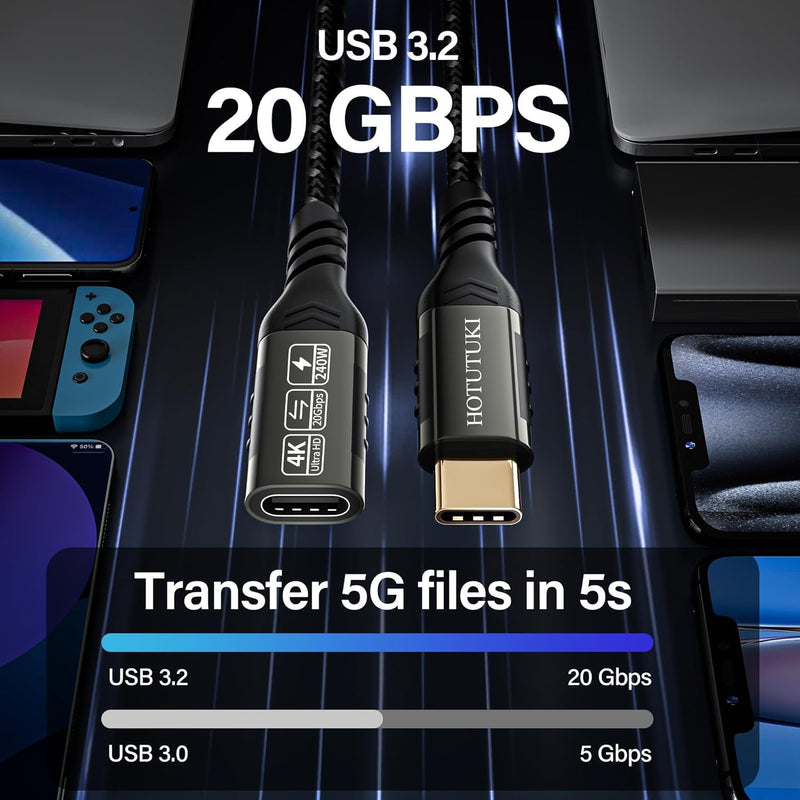 NÖRDIC 2m USB3.2 Gen2 20Gbps USB-C to C nylon braided extension cable with Power Delivery 240W 4K60Hz